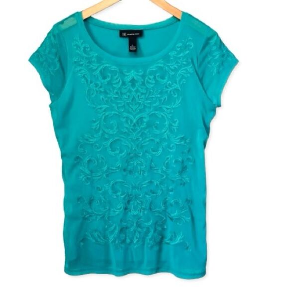 INC International Concepts Embroidered Overlay Teal Green Top Blouse SZ L - Picture 1 of 9